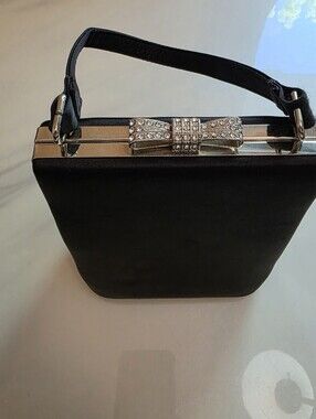 Le Château Black Minaudière Satin Evening Clutch With Silver Frame Bag